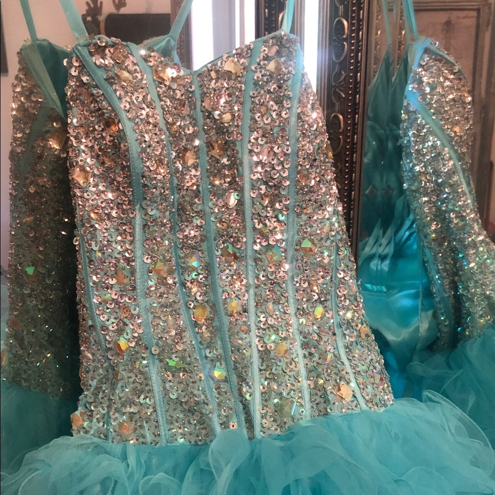 Woman’s rare Corset Glow dress by colors prom Pageant Aqua Sequin Corset Gown